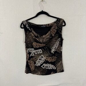 Made in Heaven Black Gold Metallic Palm Leaf Cowl Neck Top Medium